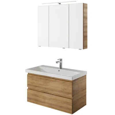 Produktbild von Badmöbel Set in Riviera Eiche Nb. mit Keramik Waschbecken VILLATORO-66, B/H/T ca. 90/200/45 cm