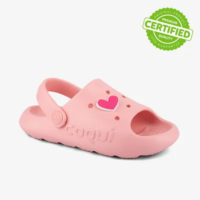 Produktbild von Pastellrosa Kinder Sandalen mit elastischen Fersenriemen und herzförmigen Anhängern