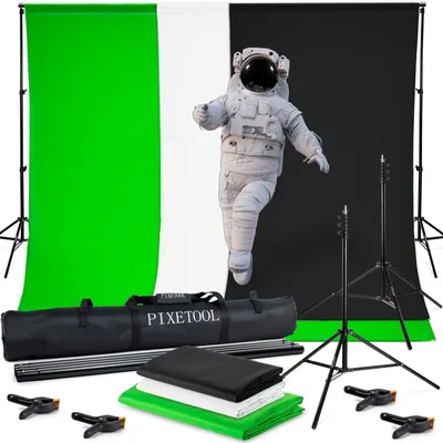 Produktbild von Greenscreen Hintergrund Fotohintergrund Chroma Key - 90 bis 260 cm Höhe - 150 bis 300 cm Breite - Musselin - Grün, Schwarz und Weiß