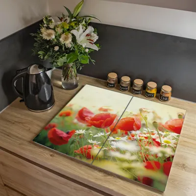 Produktbild von banjado Herdabdeckplatte zweiteilig je 30x52cm groß mit Gummi Abstandshalter, ESG Sicherheitsglas mit Motiv Kamille Und Mohn [HAP2 12294]