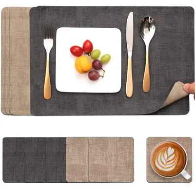 Produktbild von Waschbare Tischsets und Untersetzer aus Leder, doppelseitige, rutschfeste Tischsets aus Kunstleder (grau-beige, 6er-Set)