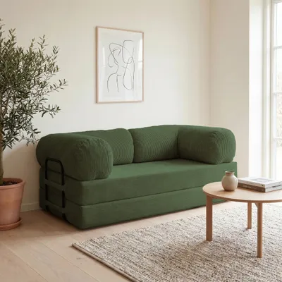 Produktbild von Idohome - Sofa MUNO, Cordsofa ausziehbar 200x100x86 cm mit Schlaffunktion, 2 Matratzen, Metallgestell - Farbe: Flaschengrün Poso 14
