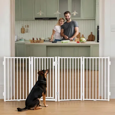 Produktbild von COMOMY Metall Hundegitter Freistehend mit Tür, 203cm Extra Breit Absperrgitter Hund Wohnung, 81cm Hoch, 4 Paneele Schutzgitter Innen & Außen, Weiß
