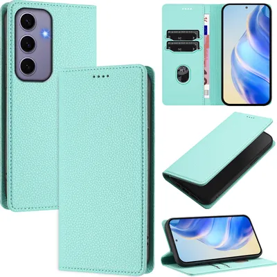 Produktbild von Litchi Leder Handyhülle für Samsung Galaxy S24 Wallet Kartenfächer Standfunktion Hülle Türkis
