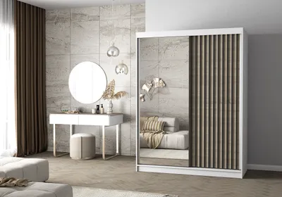 Produktbild von Easy4You Lami V Weiss/Sonoma Schiebetürenschrank Kleiderschrank 150x200x61 cm mit Spiegel - Schlafzimmermöbel, Aufbewahrung – Mehrzweckschrank mit Kleiderstange und Lamellen