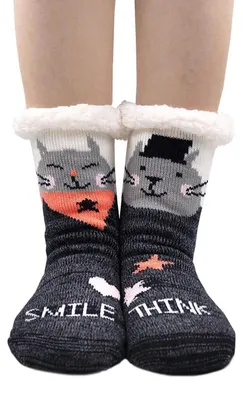 Produktbild von Hüttensocken Damen Kuschelsocken Stoppersocken Winterwarm 35-41 Grau Katzenmuster
