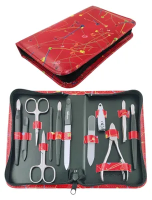 Produktbild von Maniküre Pediküre Set 12-teilig Solingen Qualität Germany – Nagelpflege Set mit Etui Kunstleder, Blumen Rot