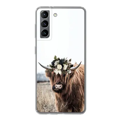 Produktbild von MuchoWow® Handyhülle Schutzhülle Hülle für Samsung Galaxy S21 Schottischer Highlander - Blumen - Tiere Silikon Softcase Handy Hülle - Softcase