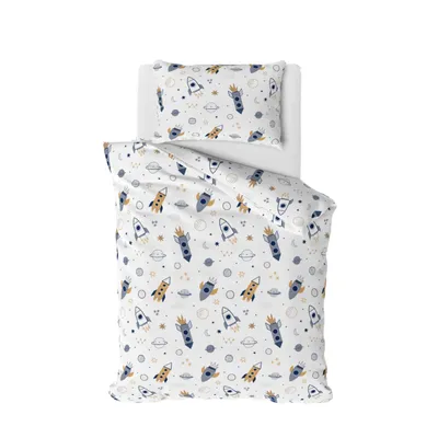 Produktbild von Babybettwäsche Space Rakete 100x135 + 40x60 cm, 2-teilig,  100% Baumwolle in Renforcé, Planeten, Weltall, Blau/ Weiß/ Beige
