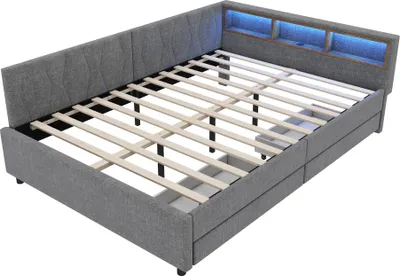 Produktbild von Daybett 140x200 cm Tagesbett Stauraumbett Erwachsenenbett Gaestebett Schlafsofa USB Typ C LED Umgebungslicht Schubladen Ohne Matratze Leinen Grau