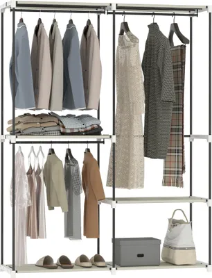 Image de Armoire ouverte en tissu, 4 étagères et 3 tringles, structure métallique robuste, rangement pour chambre à coucher et dressing, 142 x 43 x 185 cm, couleur crème