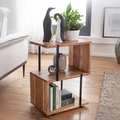 Produktbild von Beistelltisch S-Form 45x60x30cm Akazie Metall Ablagetisch | Tischchen Wohnzimmer Industrial | Holztisch mit Metallbeinen | Dekotisch Holz