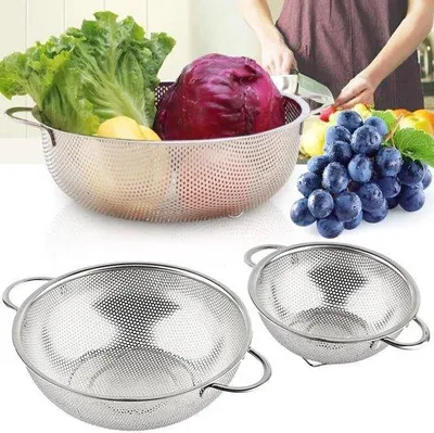 Produktbild von Pastazeefset, 3-teilig, rostfreier Stahl, Küchenzern, Mikrogeperforiert, Vergießset mit Griff für das Abführen und Abspülen von Nudeln, Obst, Waschmaschinengeschickt.