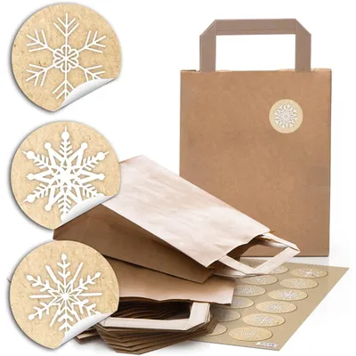 Produktbild von 24 braune weihnachtliche Papiertüten Boden 18 x 8 x 22 cm kleine Papiertaschen + 24 runde Aufkleber Weihnachten SCHNEEFLOCKE türkis blau weiß Verpackung Weihnachtsgeschenke Kunden give-awaySchneeflocke türkis