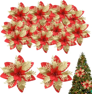 Produktbild von Künstliche Weihnachtsblumen 24 Stück - Ø 14 cm - Rot - Weihnachtsstern mit Clip - Glitzernde Blumen für Weihnachtsbaum und Weihnachtsdekoration