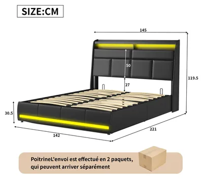 Produktbild von LED-Bett - Doppelbett 140x200 cm - Hydraulischer Bettkasten - USB-Anschlüsse - LED-Lichtleiste - Lattenrost - Kunstleder - Schwarz