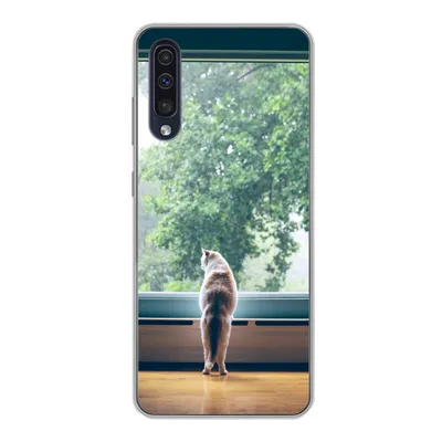 Produktbild von MuchoWow® Handyhülle Schutzhülle Hülle für Samsung Galaxy A30s Katze - Fenster - Pflanzen Silikon Softcase Handy Hülle - Karteninhaber