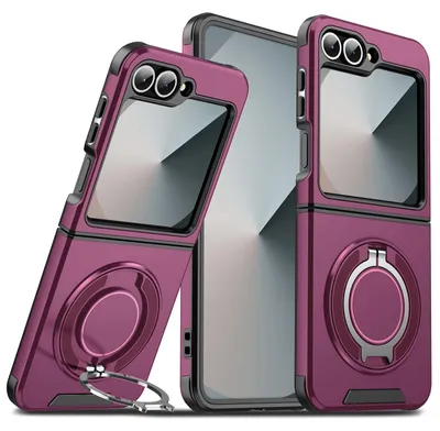 Image de Coque double épaisseur pour Samsung Galaxy Z Flip 6 / Z Flip 7 SE, avec support magnétique en forme de cercle, couleur cerise