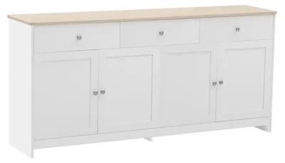Zdjęcie produktu dla Komoda – Bufet z 4 drzwiczkami i 3 szufladami – styl vintage – do salonu i jadalni – 160 x 37 x 75 cm – płyta MDF – biały kolor