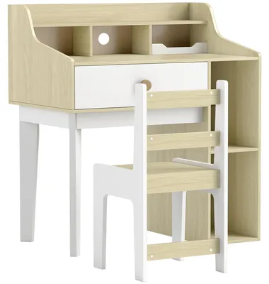 Imagen del producto de AIYAPLAY: Juego de escritorio y silla de madera para niños, con estantería y cajón, ideal para niños de 3 a 10 años, color blanco y madera