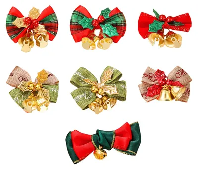 7 Weihnachtsschleifen mit Glöckchen, Satin, handgefertigt, Dekoration