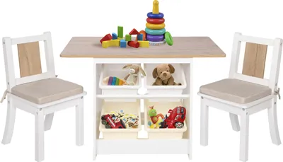 Produktbild von ONVAYA® Kindertisch-Set mit Stühlen | Weiß-Holz | Kindersitzgruppe mit Stauraum | Kindermöbel-Set mit Tisch und 2 Stühlen | Kindertischgruppe aus Holz | Sitzgruppe fürs Kinderzimmer