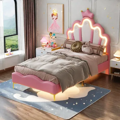 Obrázek produktu pro Postel pro děti 90x200, postel "Princezna", LED postel s nastavitelnou opěrkou ve tvaru koruny, růžová jednolůžková postel, postel pro dívky s potahem z umělé kůže