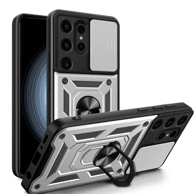 Produktbild von Outdoor Panzer Hülle für Samsung Galaxy S24 Ultra mit Kameraschutz Ringhalter Silber