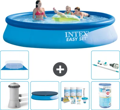 Produktbild von Intex runder aufblasbarer Easy Set-Schwimmpool – 396 x 84 cm – Blau – inklusive Pumpe Abdeckung - Wartungspaket - Filter - Bodenplane - Staubsauger