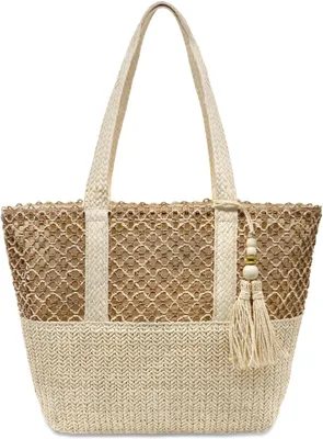 Produktbild von Strohtasche 38 cm, beige, Reißverschluss, faltbare Schultertasche für Strand
