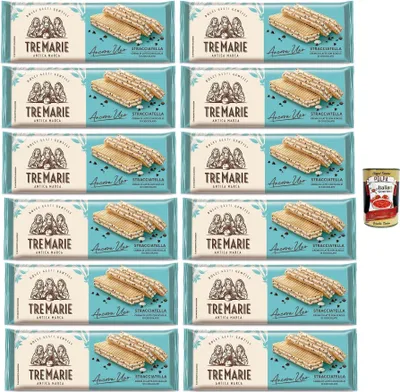 Produktbild von Tre Marie Ancora Uno Wafer Stracciatella Waffeln gefüllt mit Milchschokolade Creme und Schokoladenstücke 12x 140g + Italian Gourmet polpa 400g