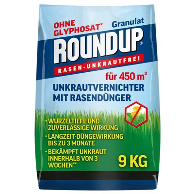 Produktbild von Roundup Rasen Unkrautfrei Rasendünger 9kg 450m² 2in1 100 Tage Granulat