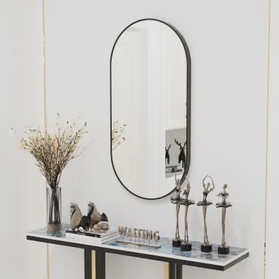 Image de Vrygle Miroir mural ovale 100×50 cm – miroir de salle de bain moderne et décoratif avec cadre en métal noir, à suspendre pour salon et salle de bain
