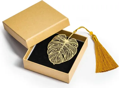 Produktbild von Lesezeichen Monstera Leaf Metall Gold Quaste + Dekorative Box