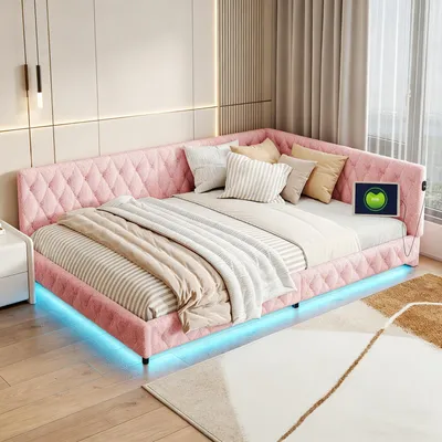 Obrázek produktu pro Postel s čalouněnou konstrukcí INONEFT, rozměry 140x200 cm, s LED osvětlením a USB porty, rozkládací pohovka vhodná i jako denní lůžko, s roštovou základnou, dvoulůžko, vhodné i pro mládež, potah z plyšové tkaniny, barva růžová.