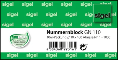 Produktbild von SIGEL GN110 Nummernblock, 10er-Pack, nummeriert 1-1000, 5-fbg. sortiert, 105x50 mm, 10 x 100 Blatt