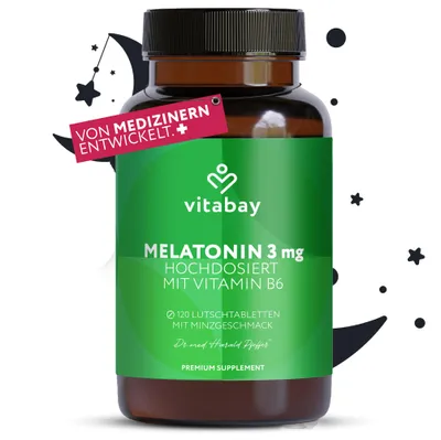 Produktbild von Melatonin 3 mg + Vitamin B6 – 120 Premium Melatonin Lutschtabletten mit Menthol