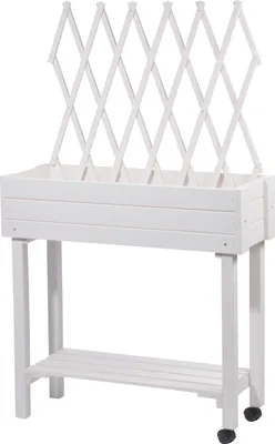 A white wooden raised garden bed with a trellis on a white background.