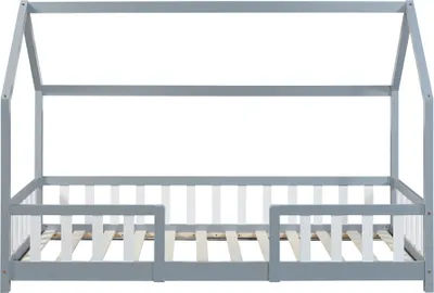 Produktbild von Kinderbett ’Sisimiut’ in Haus-Optik mit Rausfallschutz Kiefernholz 90 x 200 cm Hellgrau / Weiß
