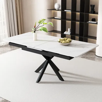 Produktbild von okwish Esstisch Erweiterbar Esszimmertisch rechteckig (Erweiterbar Esszimmertisch rechteckig Küchentisch weiß Marmoroptik), Ausziehbar 150-180cm Tischplatte