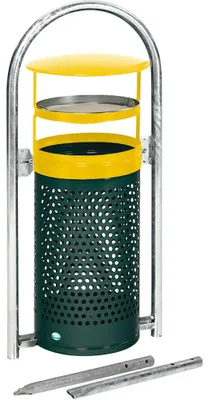 Produktbild von Abfallsammler mit Rohrbogenständer + Aschereinsatz | zum Einbetonieren | 60/70 Liter, HxBxT 116,5x58x38cm | Verzinkter Stahl | Grün-Gelb
