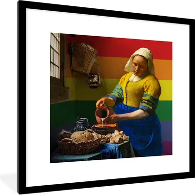 Produktbild von MuchoWow® Gerahmtes Poster Milchmädchen - Vermeer - Stolzfahne 40x40 cm - Poster mit Schwarzem Bilderrahmen Wandposter Rahmen Foto Bilder - Poster - Plakat im Rahmen