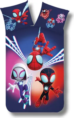 A bedding set featuring cartoon characters from Marvel's Spider-Man franchise.
