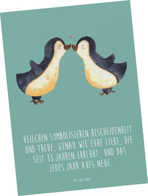 Produktbild von Mr. & Mrs. Panda Postkarte 13. Hochzeitstag Veilchenhochzeit - Meeresbrise - Geschenk, Partner, Ansichtskarte, Ansichtskarten, Heiraten, Jubiläum, Heirat, Geschenke