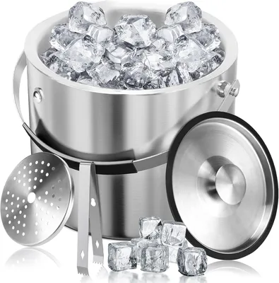 Produktbild von Edelstahl-Eisbehälter - 3 Liter - Luftdichter Deckel - Sieb und Eisportionierer - Eiswürfelbehälter - Doppelwandig - Eiswürfelbehälter