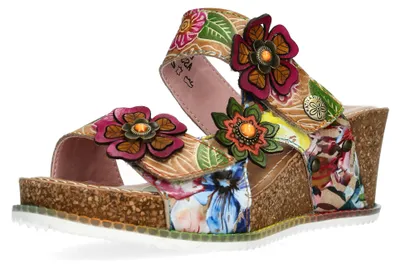 Image de Mules Laura Vita pour femme, avec application florale, talon compensé aspect liège, modèle Bonito 31, pointure : 39 EU, couleur : beige