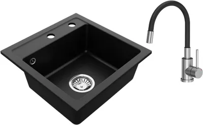 Produktbild von VBChome Granitspüle 44 x 44 cm Schwarz mit flexibler Armatur Einzelbecken Einbauspüle Gesprenkelt Pflegeleichtes Spülbecken mit Siphon