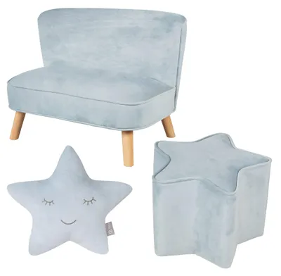 Image de Lot Roba "Lil Sofa" comprenant : canapé pour enfants, pouf en forme d'étoile et coussin décoratif en forme d'étoile, coloris bleu clair/bleu ciel