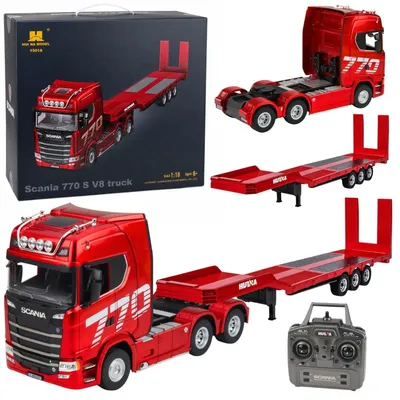 Zdjęcie produktu dla Samochód ciężarowy Scania 770S z przyczepą, model zdalnie sterowany, firma Huina, kolor czerwony, skala 1:18