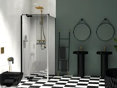 Produktbild von Jungborn Duschtür mit Seitenwand SETTE Drehtür mit Festteil links und Seitenwand rechts 90 x 75 cm Profilfarbe schwarz K
